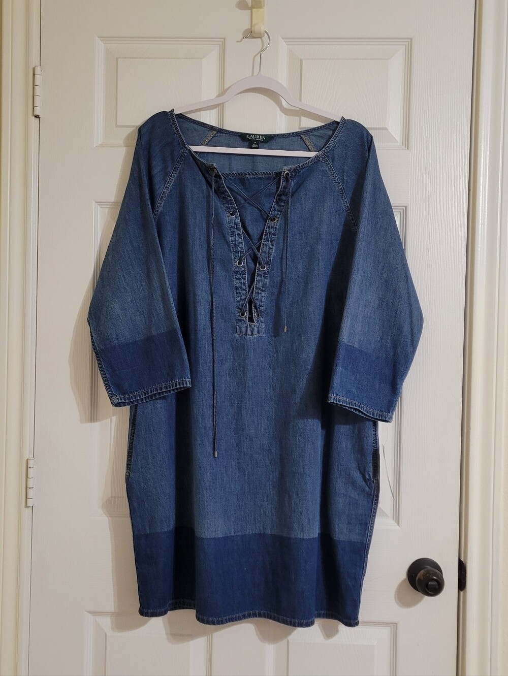 NWT Lauren Ralph Lauren Denim Lace-Up Tunic Dress - Blue